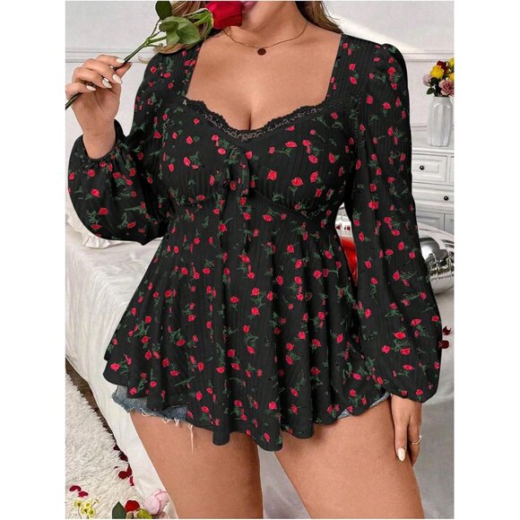 Plus Size Women's Floral Print Lace Trim Bishop Long Sleeve Ruffle Hem Tee - Picture 6 of 6